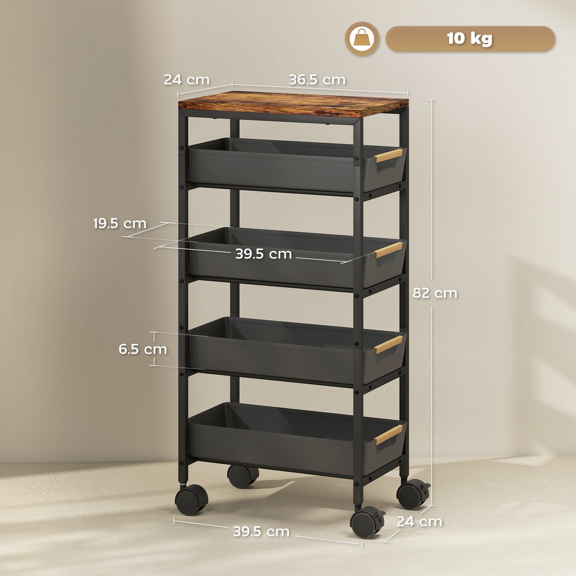 HOMCOM 5-Tier Storage Trolley on Wheels - Black