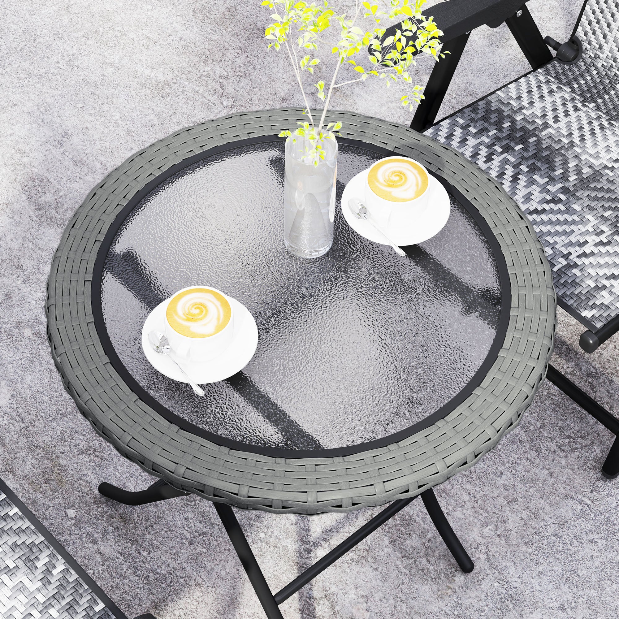 Outsunny Folding Rattan Garden Dining Table, 68 cm Round Rattan Garden Table with Water Ripple Tempered Glass Top, Wicker Edging and Steel Frame for Outdoor, Patio, Grey