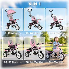 HOMCOM 6 in 1 Kids Trike Push Bike w/ Push Handle, Canopy, 5-point Seat Belt, Storage, Footrest, Brake, for 1-5 Years, Pink