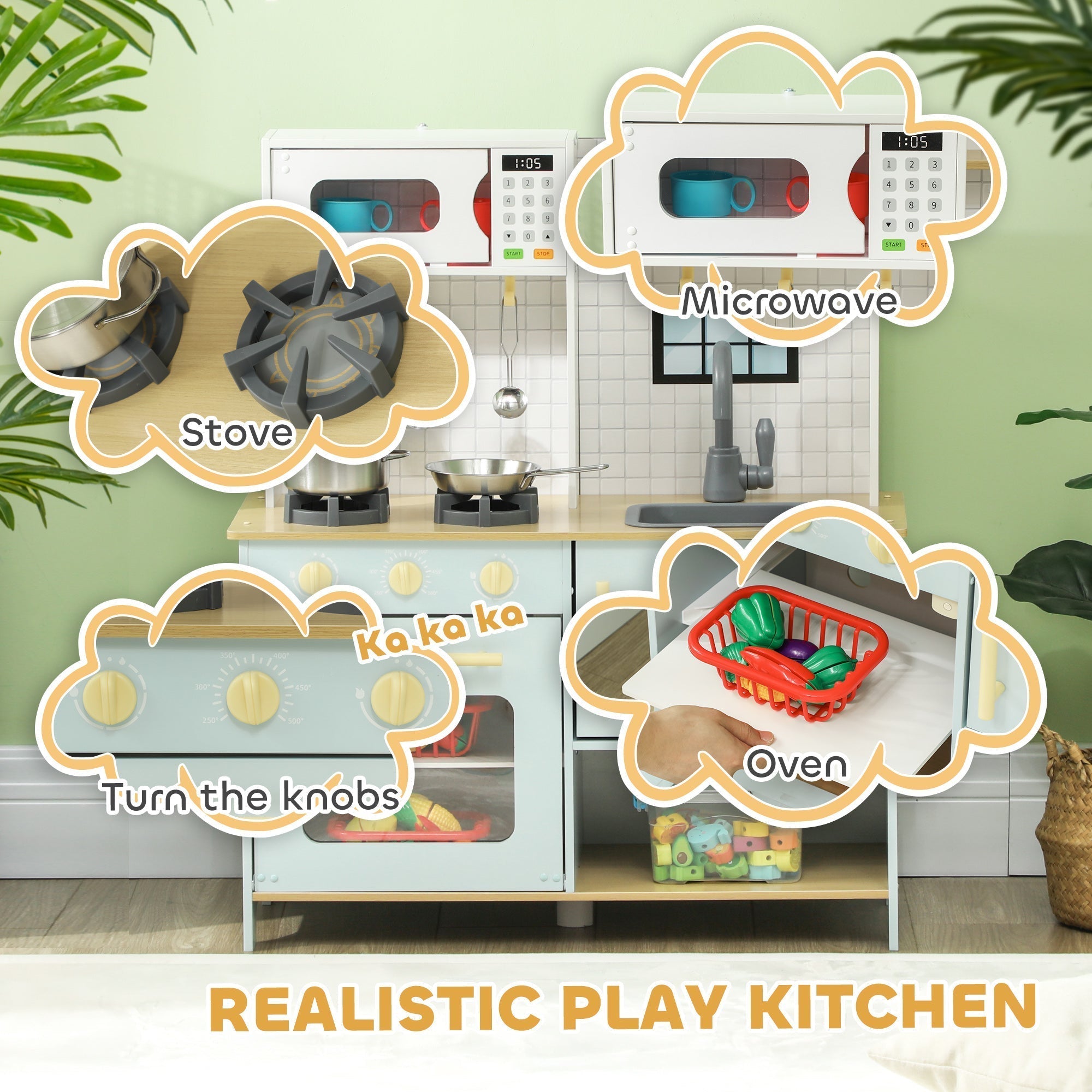 AIYAPLAY Pretend Play Kitchen, Kids Kitchen Playset with Light & Sound Stove, Turning Knobs, Cooking Accessories
