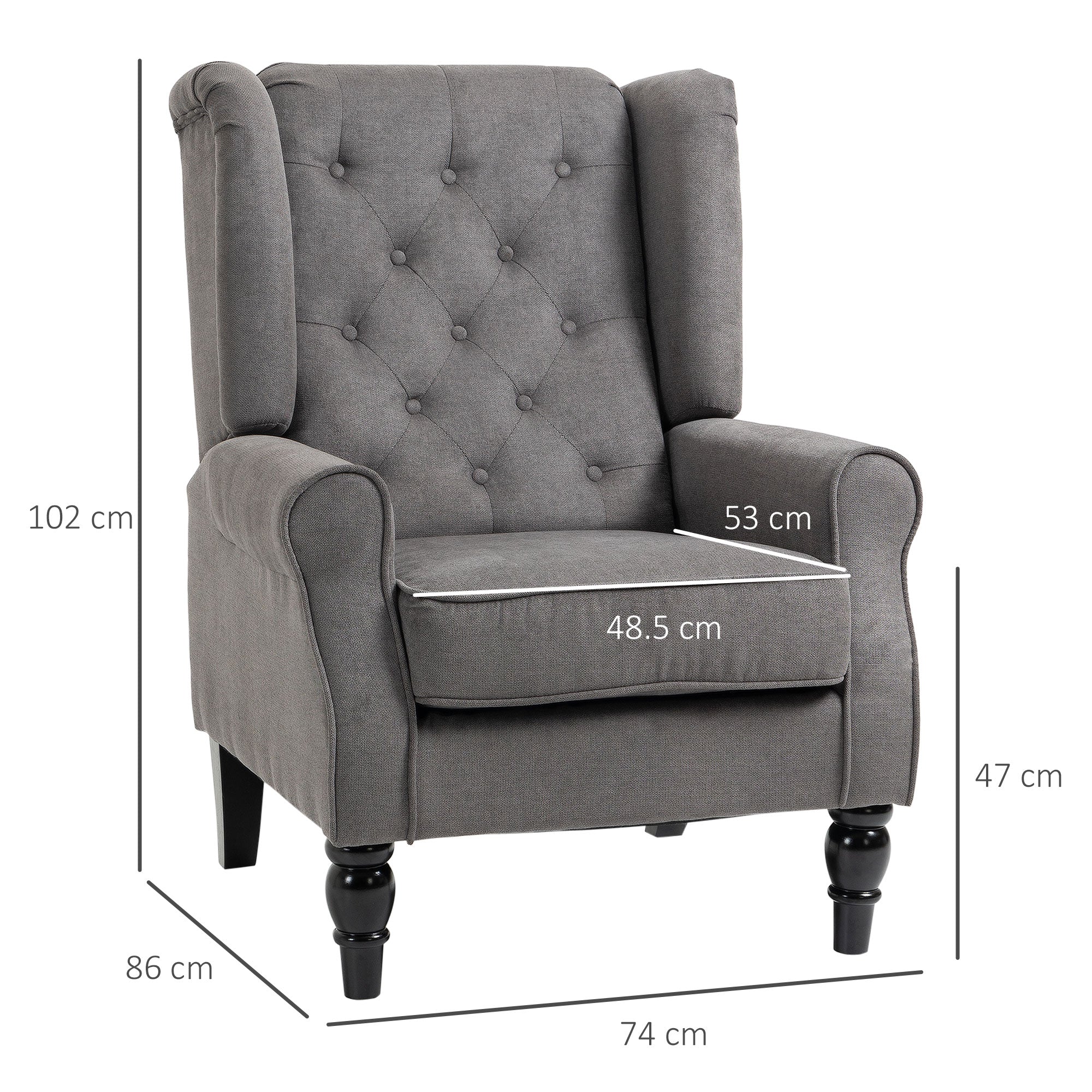 HOMCOM Retro Accent Chair, Linen Wingback Armchair with Wood Frame Button Tufted Design for Living Room Bedroom, Dark Grey
