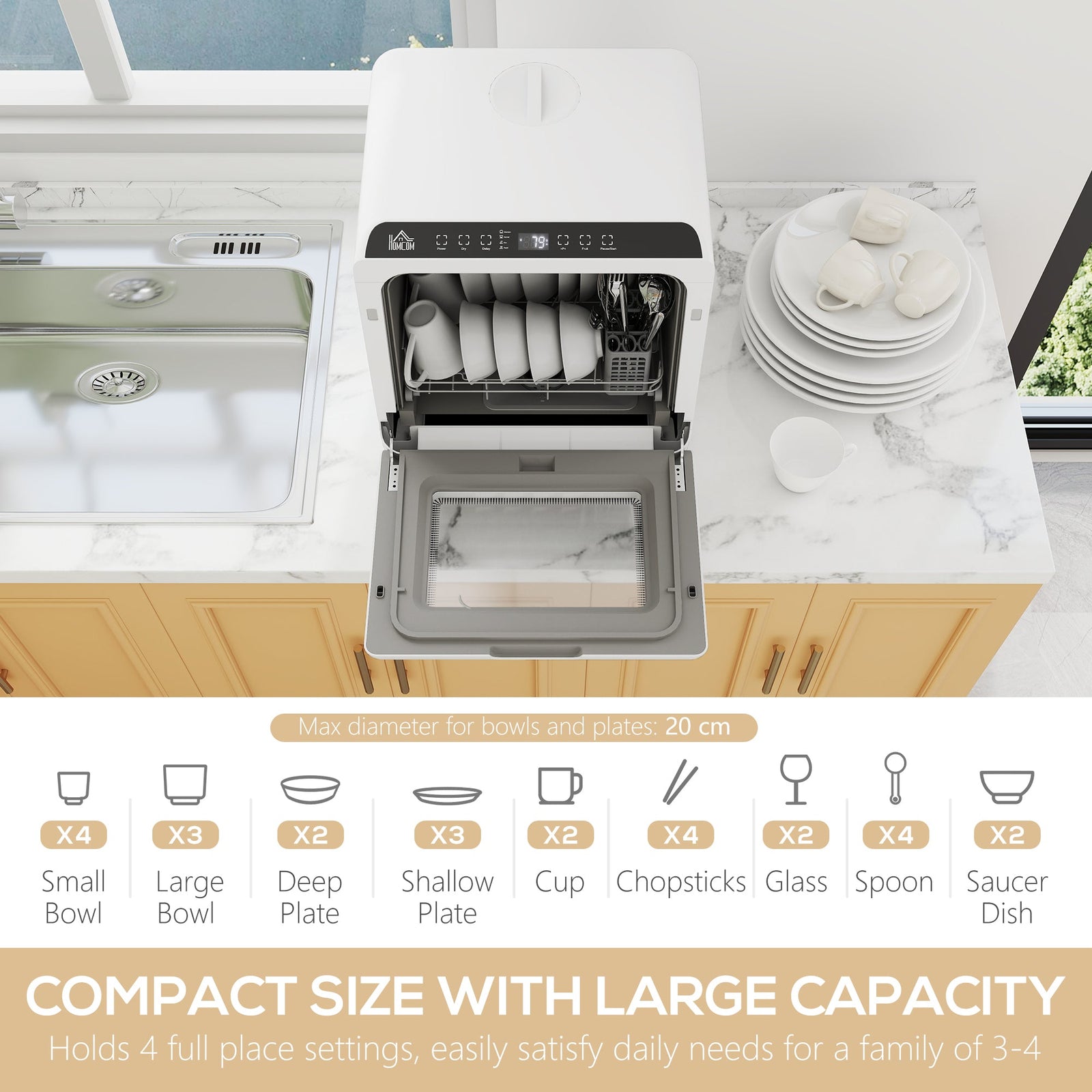HOMCOM 6L Five-Mode Tabletop Dishwasher - White