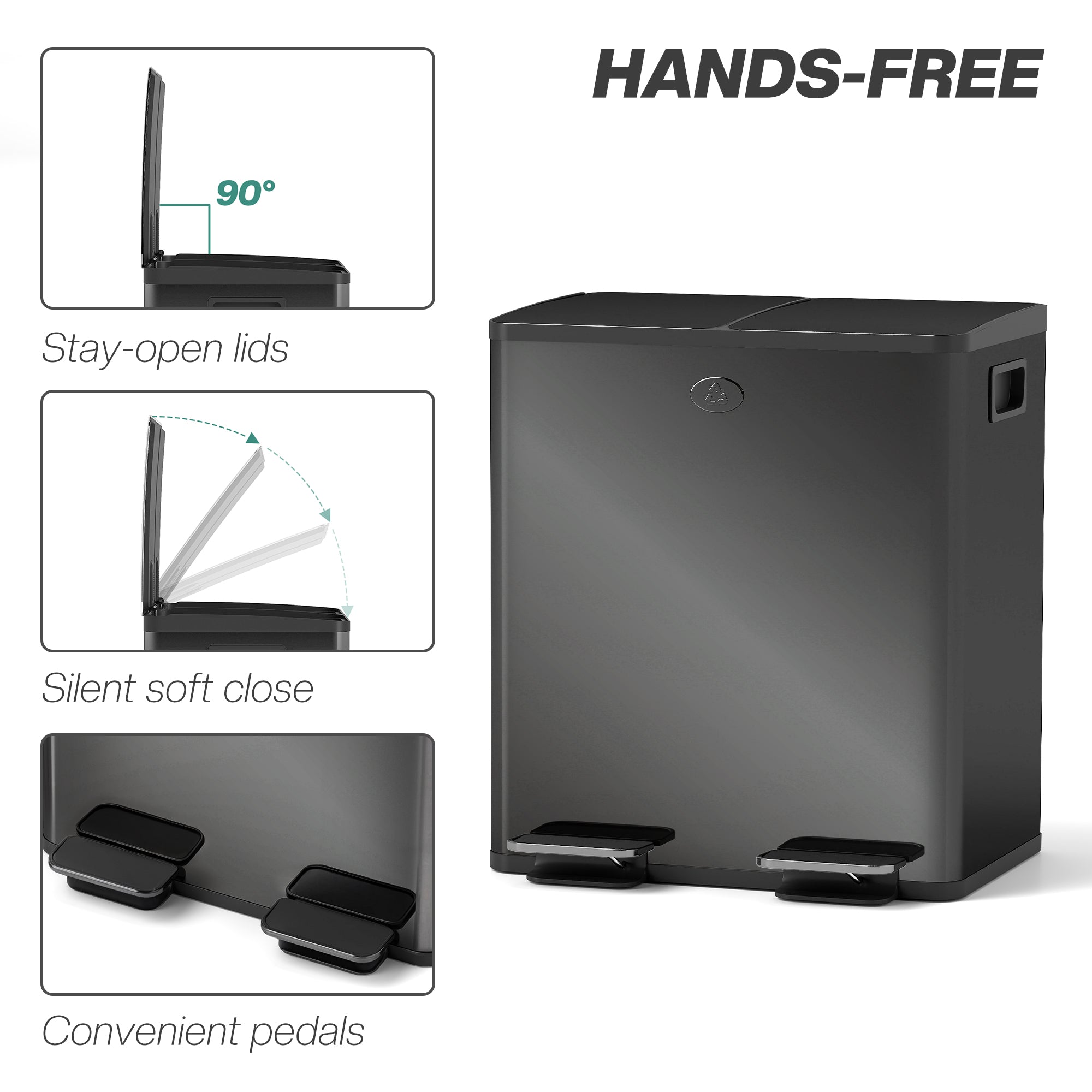 HOMCOM 40L Dual Compartment Stainless Steel Bin, with Deodoriser Holders - Glossy Black