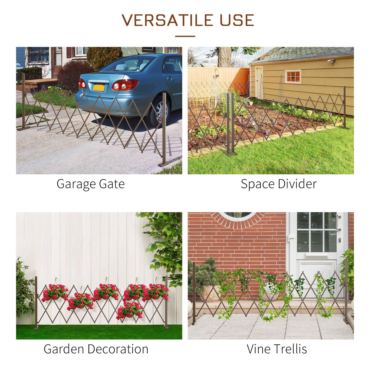 Outsunny Set of 2 Expanding Garden Fencc, Aluminium Freestanding Foldable Picket Fence, 300cmx103.5 cm, Dark Brown