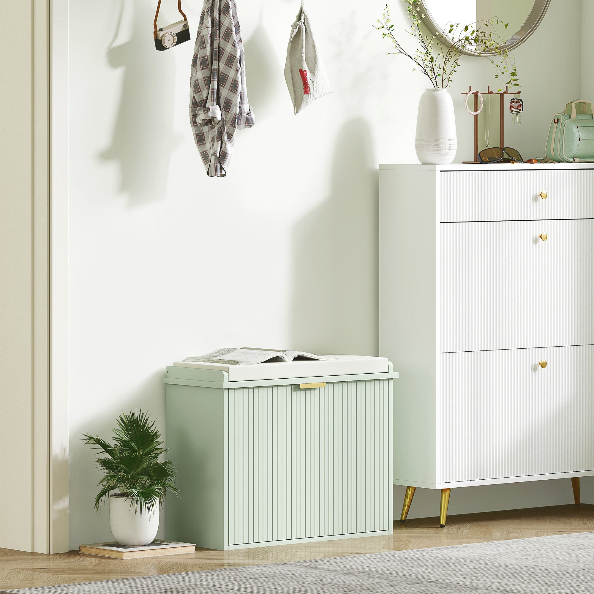 HOMCOM Elegant Six Shoe Bench, with Top Seat - Green