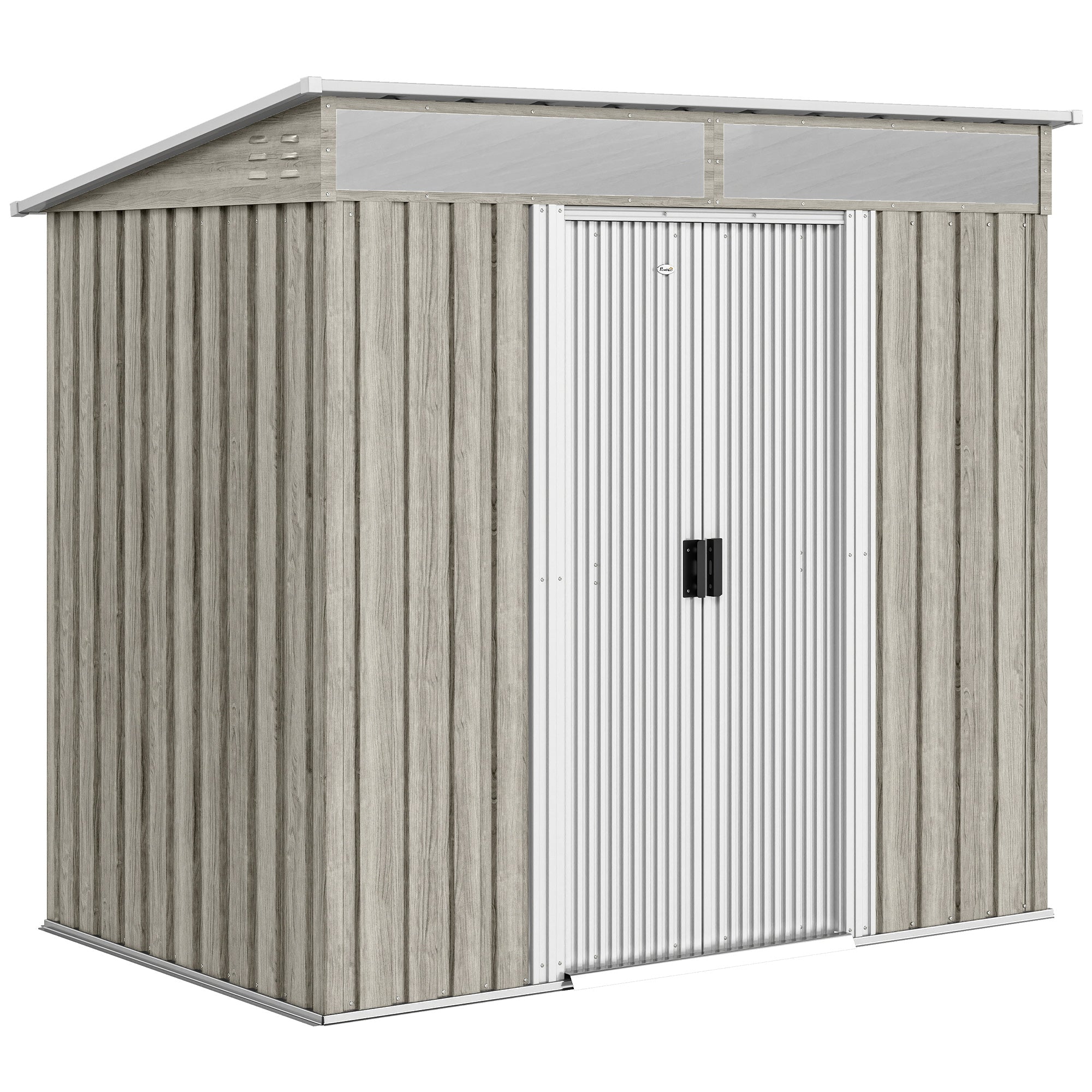 Outsunny 6.5 x 4FT Galvanised Metal Shed with Foundation Kit, Lockable Tool Garden Shed with Double Sliding Doors, Vents, Light Grey Wood Effect