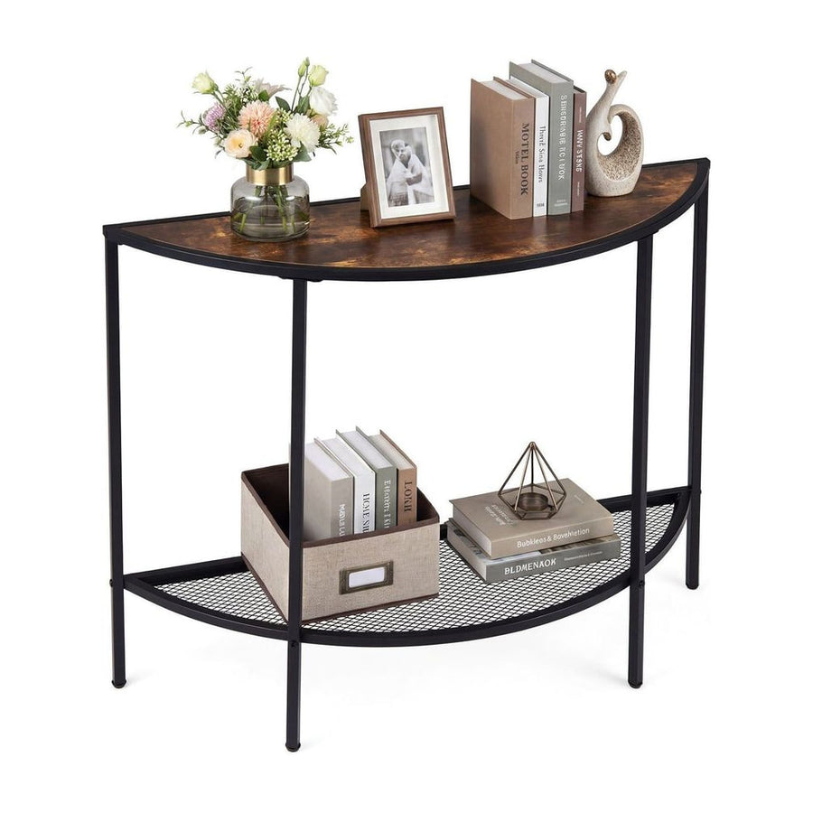 Half Moon Console Table with two tiers and a rustic brown top, against a white background