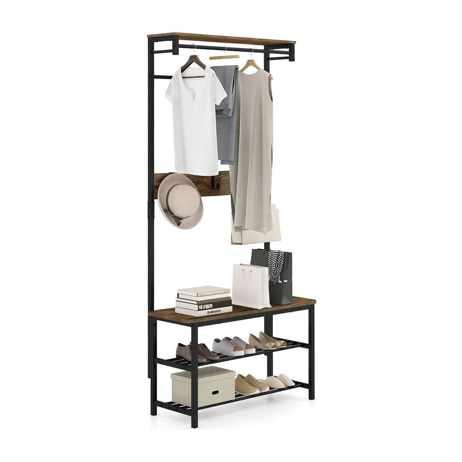 Hall Tree with Bench featuring a top shelf, hanging rails, hooks, and two lower shoe storage shelves
