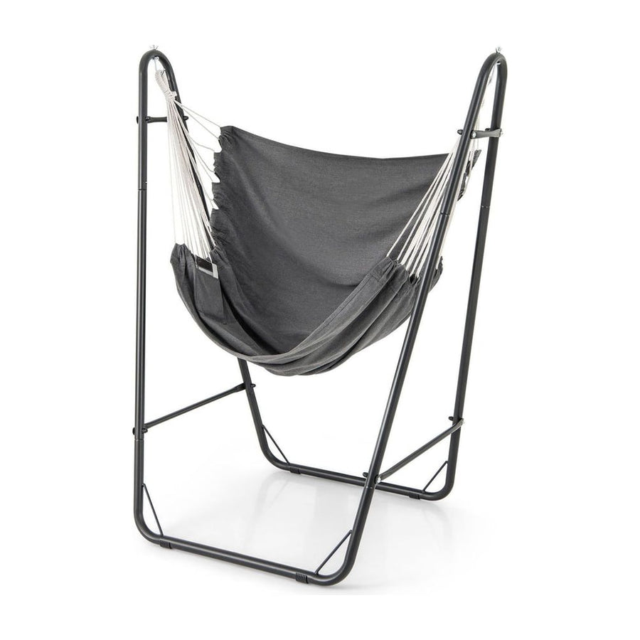 Hammock Chair in dark grey fabric suspended from a black metal frame against a plain white background