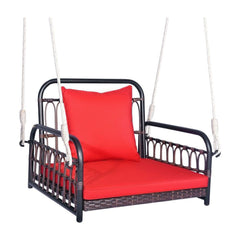 Hanging Porch Swing Chair with Back & Seat Cushion in red, a metal framed swing chair with red cushions