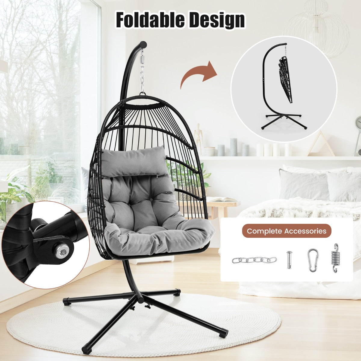 Hanging Swing Egg Chair with Stand Cozy Head Pillow Cushion-Grey