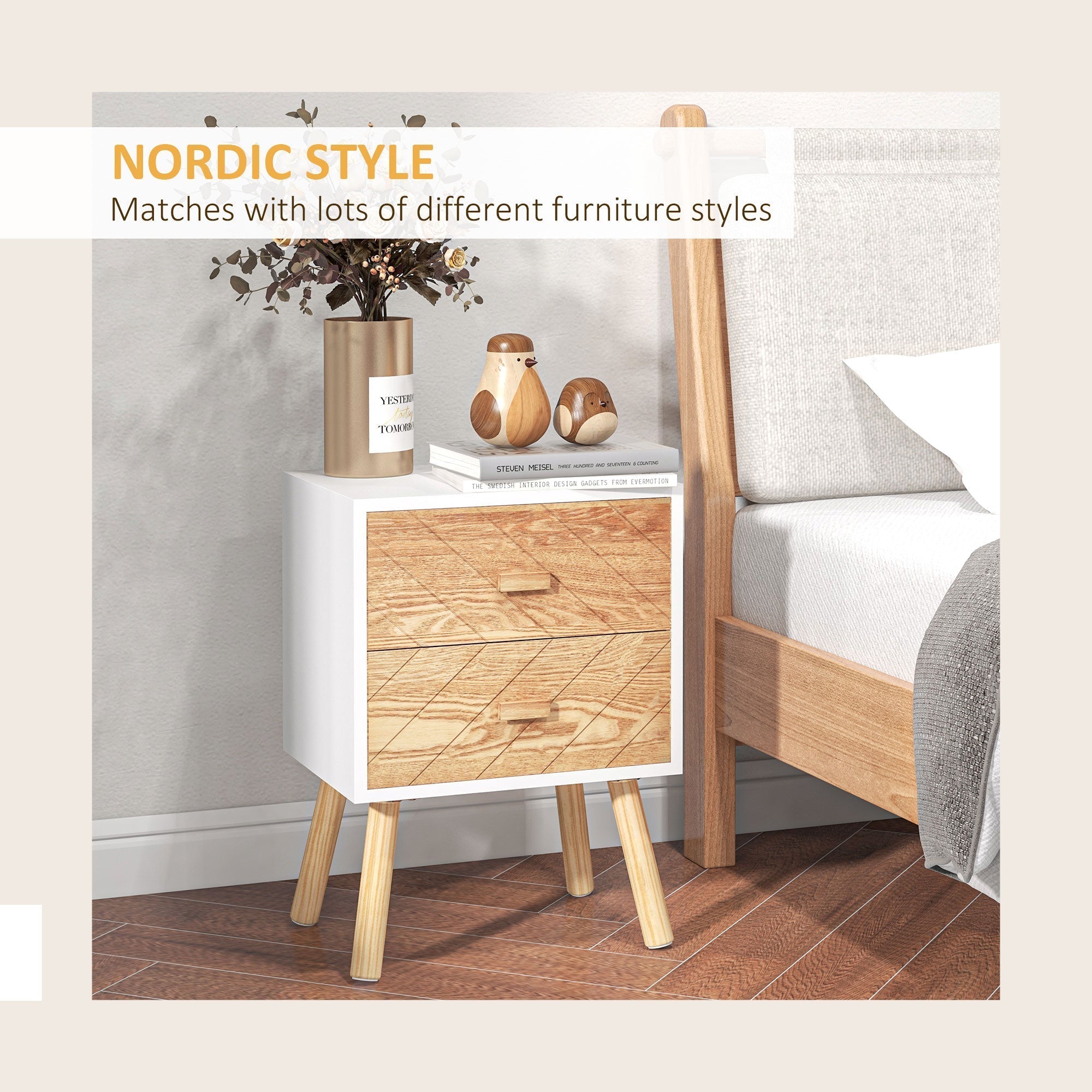 HOMCOM Bedside Table Set of 2, Modern Bedside Cabinets with Drawer and Pine Wood Legs, Nightstand for Bedroom, White and Natural