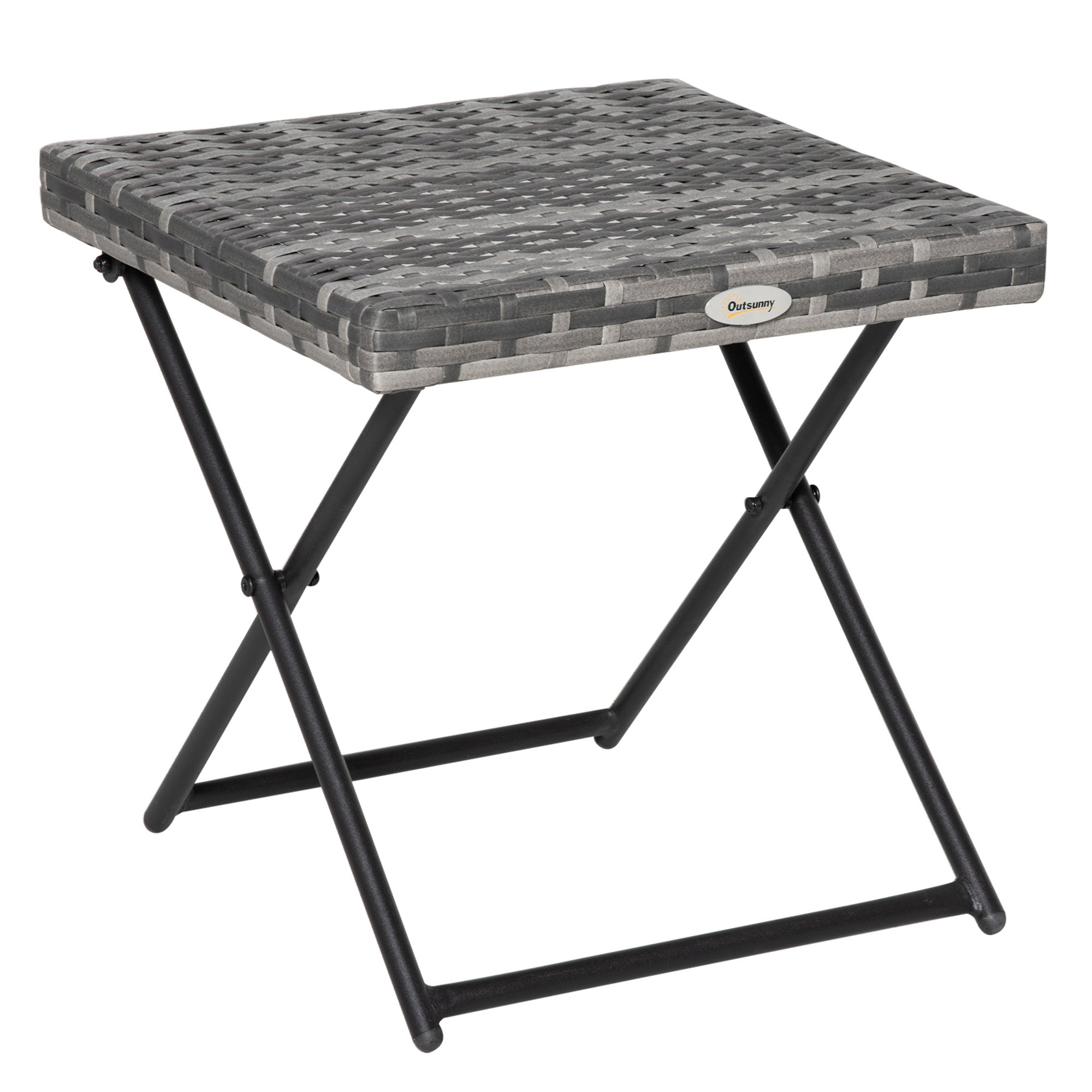 Outsunny Square PE Wicker Rattan Folding Table,Weather Resistant Wicker Weave Side Table with Steel Frame, Grey