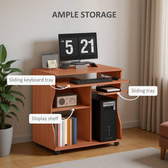 HOMCOM Multi-Storage Compact Work Desk, with Wheels - Cherry Wood Colour