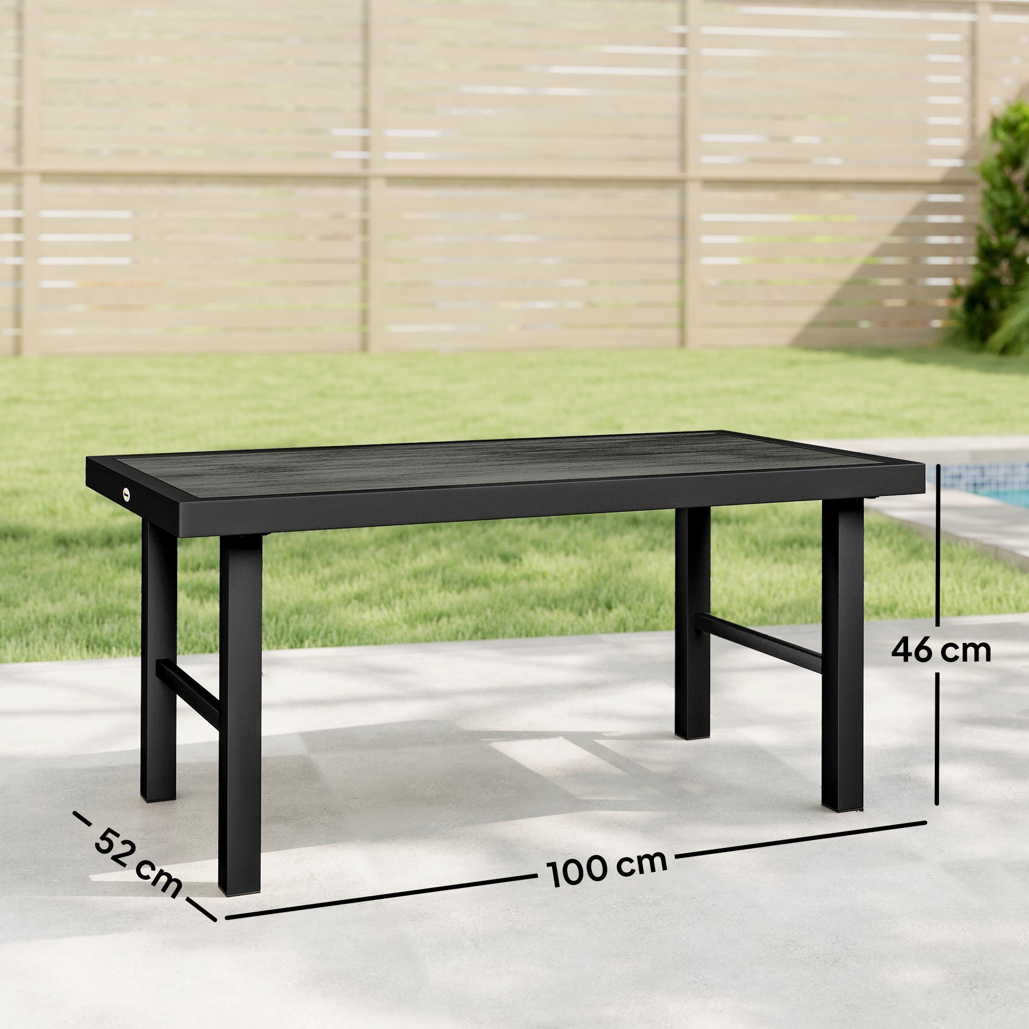 Outsunny Metal Garden Coffee Table, Outdoor Side Table with SPC Woodgrain Tabletop for Outside, 100 x 52 x 46cm, Dark Grey