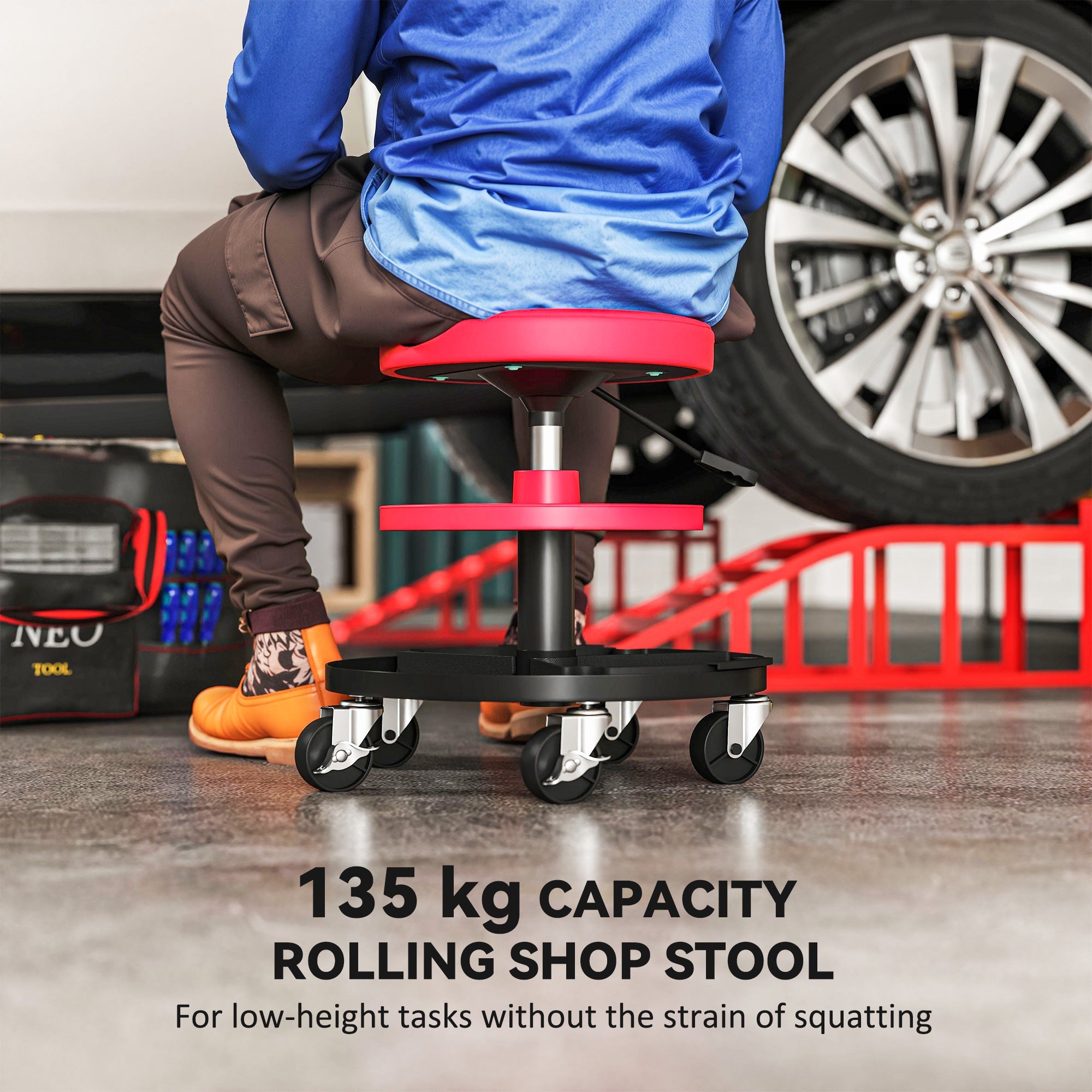 HOMCOM Rolling Mechanic Stool, 135kg Capacity Workshop Stool, 360Â° Swivel Roller Padded Creeper Seat with Wheels, Tool Trays Storage for Garage, Shop, Auto Repair, Red