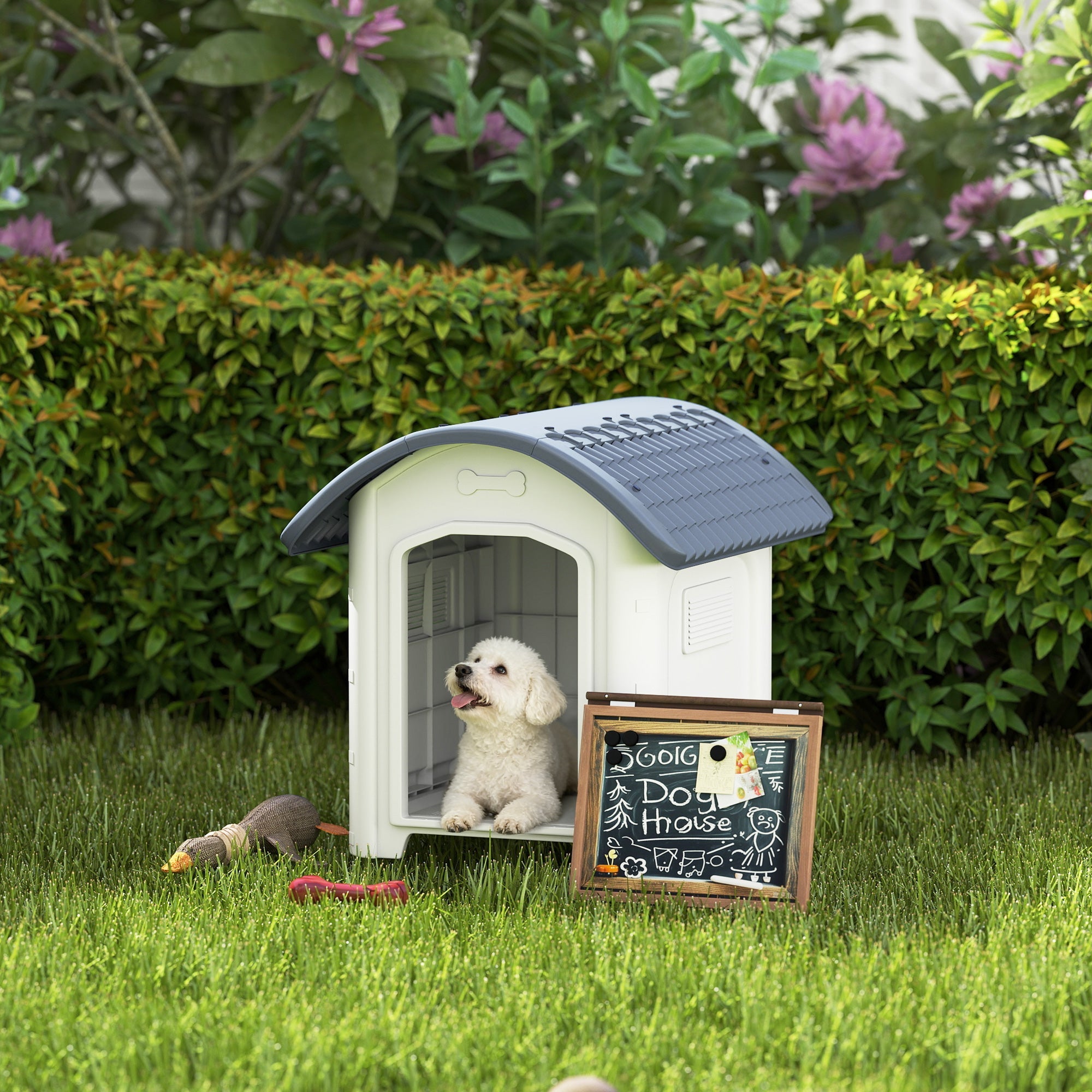 PawHut Outdoor Dog Kennel, Plastic Dog House with Removable Floor, Waterproof Roof, Raised Floor, 71 x 60 x 63 cm