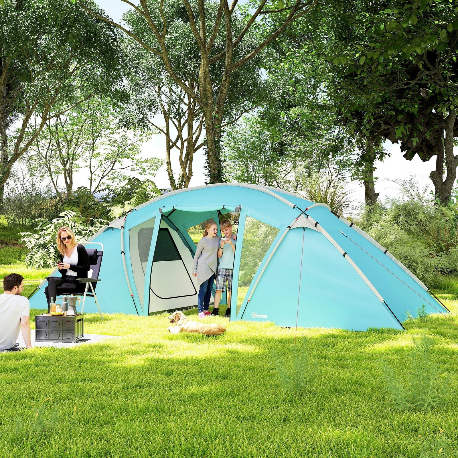 Outsunny 4-6 Man Family Camping Tent w/ 2 Bedrooms and a Living Room, Waterproof Tunnel Tent w/ Sewn In Groundsheet, Doors, Windows, Carry Bag, Blue