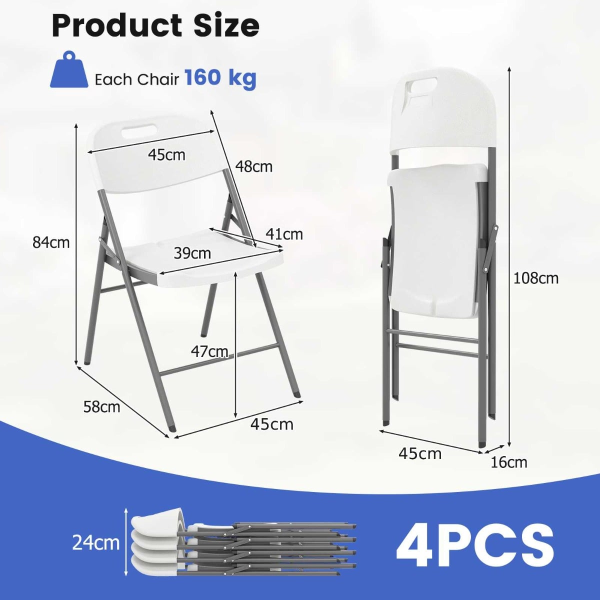 HDPE Plastic Folding Chairs with Metal Frame Set of 4 for Home Office-White