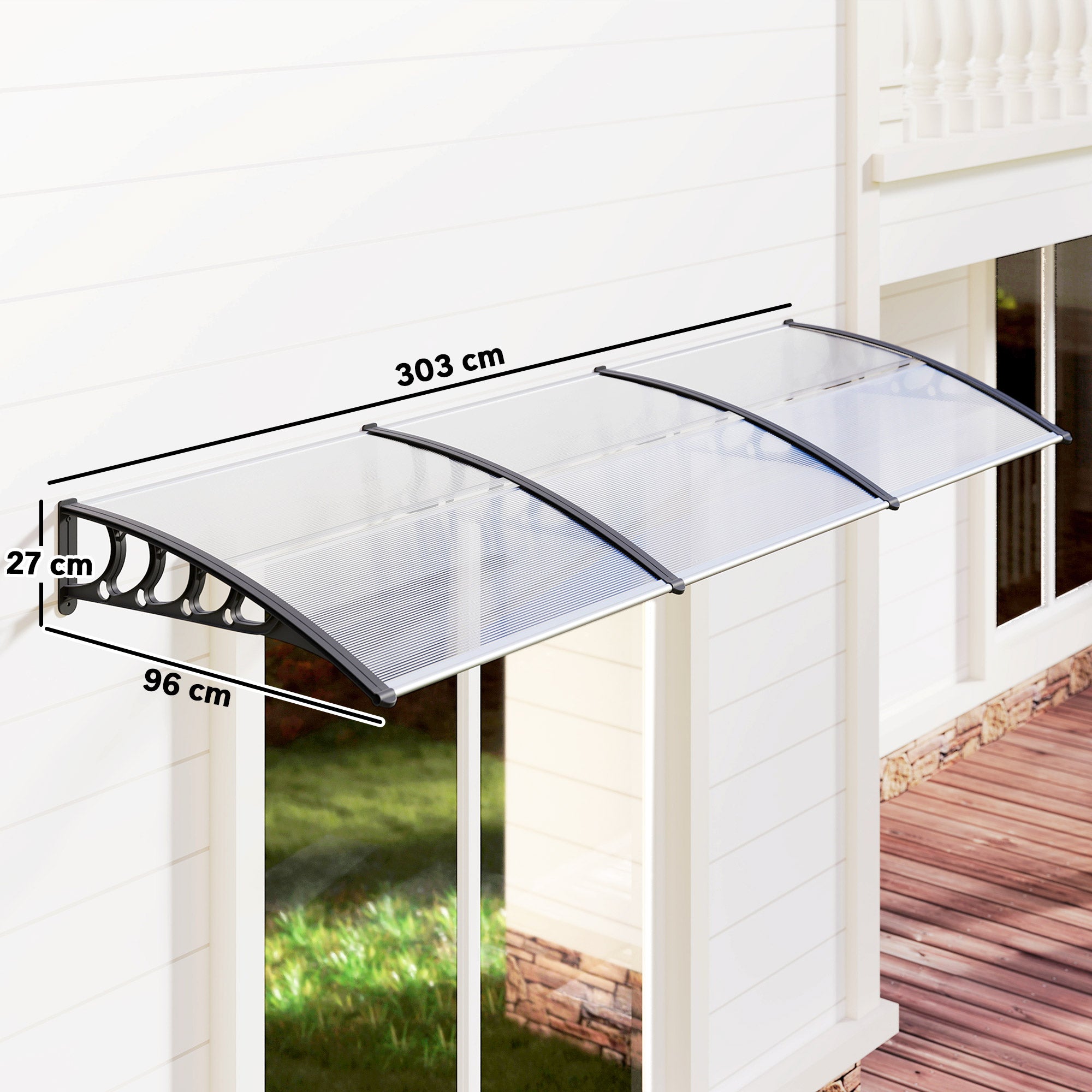Outsunny Front Door Canopy, Outdoor Awning, 303 x 96cm Rain Shelter for Window, Porch and Front/Back Door, Clear