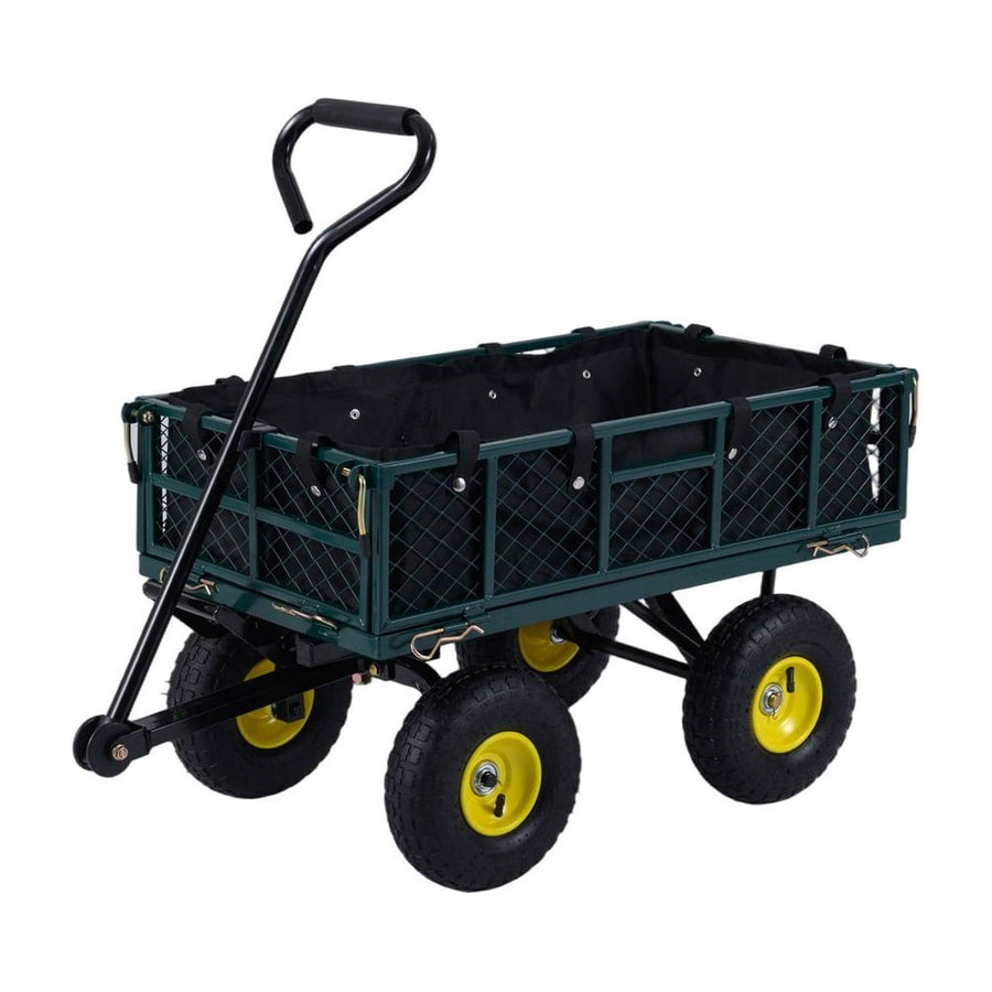 Heavy Duty 410 kg Capacity Metal Garden Cart with a black fabric liner and yellow wheels