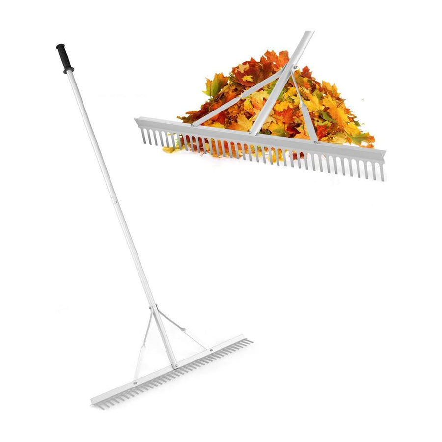 Heavy-Duty Aluminum Landscape Rake with a wide metal rake head and long handle