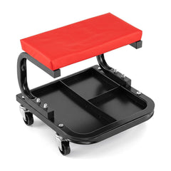 Heavy Duty Mechanic Rolling Stool with red padded seat and segmented tool tray underneath