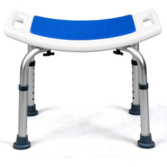 Height Adjustable Shower Stool with a padded blue seat and silver legs