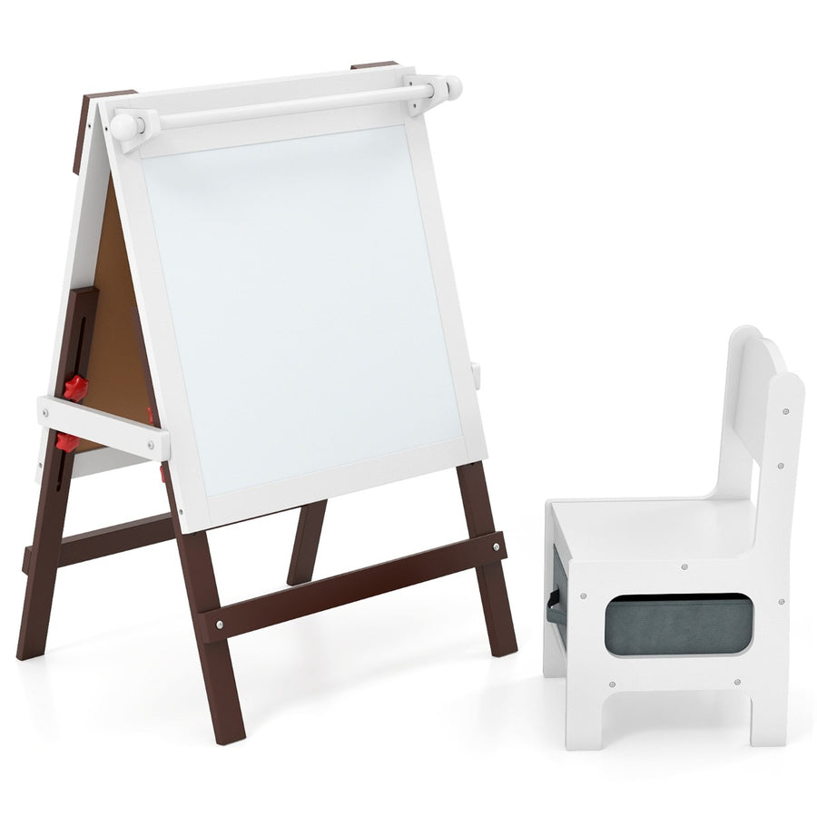 Height-adjustable Painting Easel with Chalkboard and Paper Holder-Brown