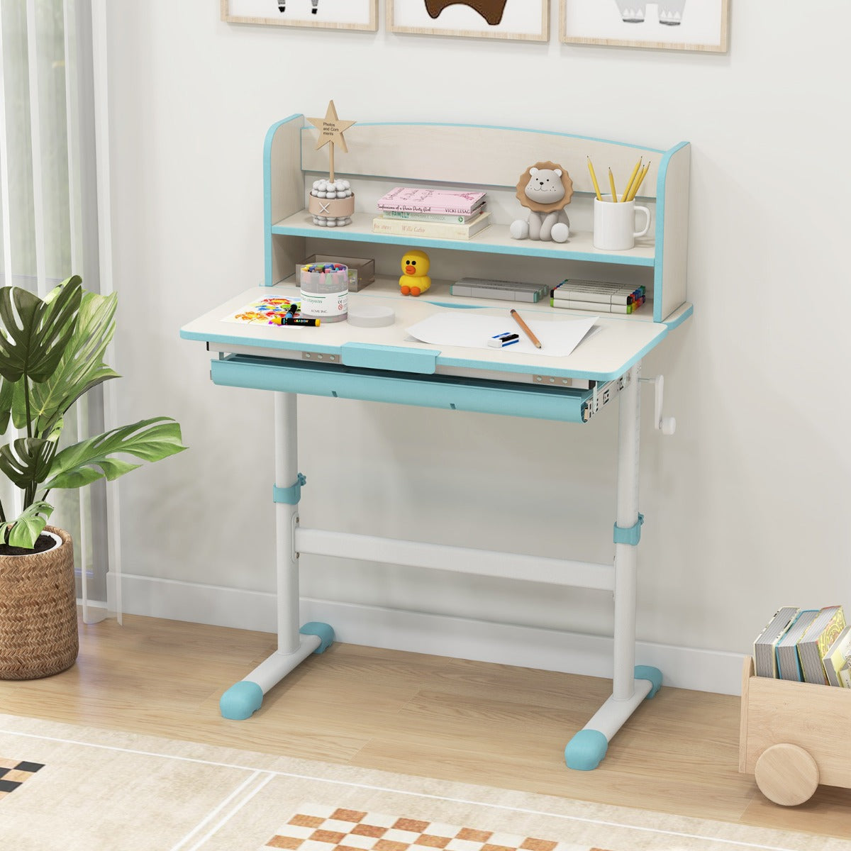 Height Adjustable Children Writing Table with Tilt Desktop and Hutch-Blue