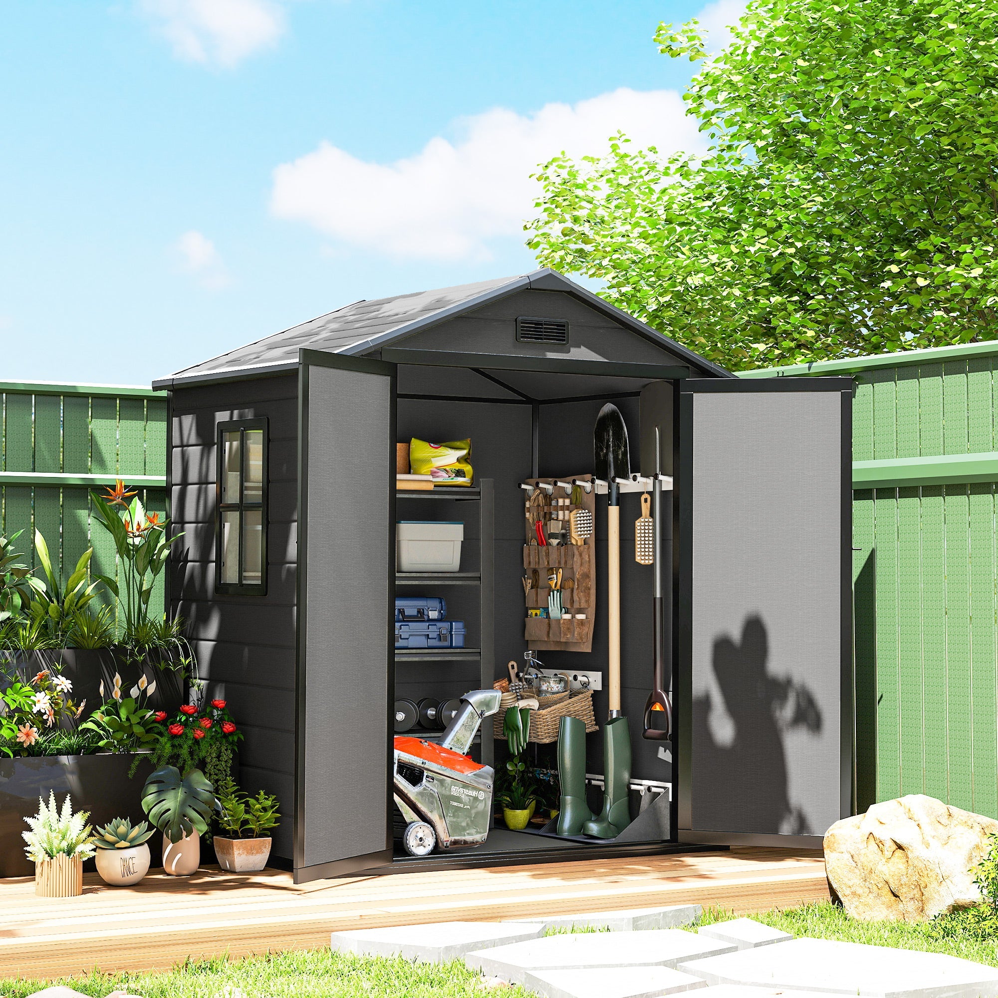 Outsunny 6'x4.5' Garden Storage Shed, Lockable Garden Shed with Double Doors, Window, Vent and Plastic Roof, Dark Grey