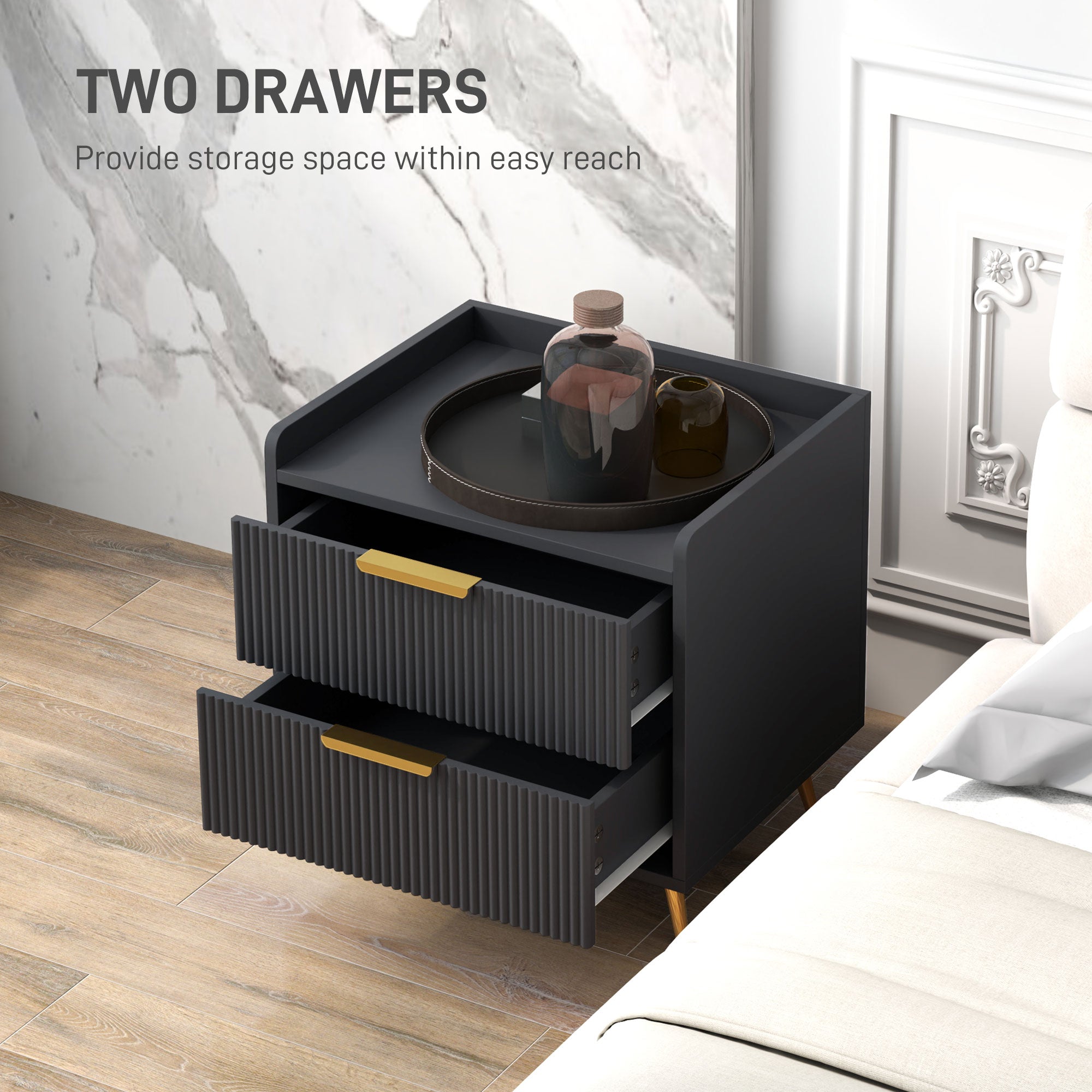 HOMCOM Elegant Two-Drawer Bedside Table Set of 2 - Black