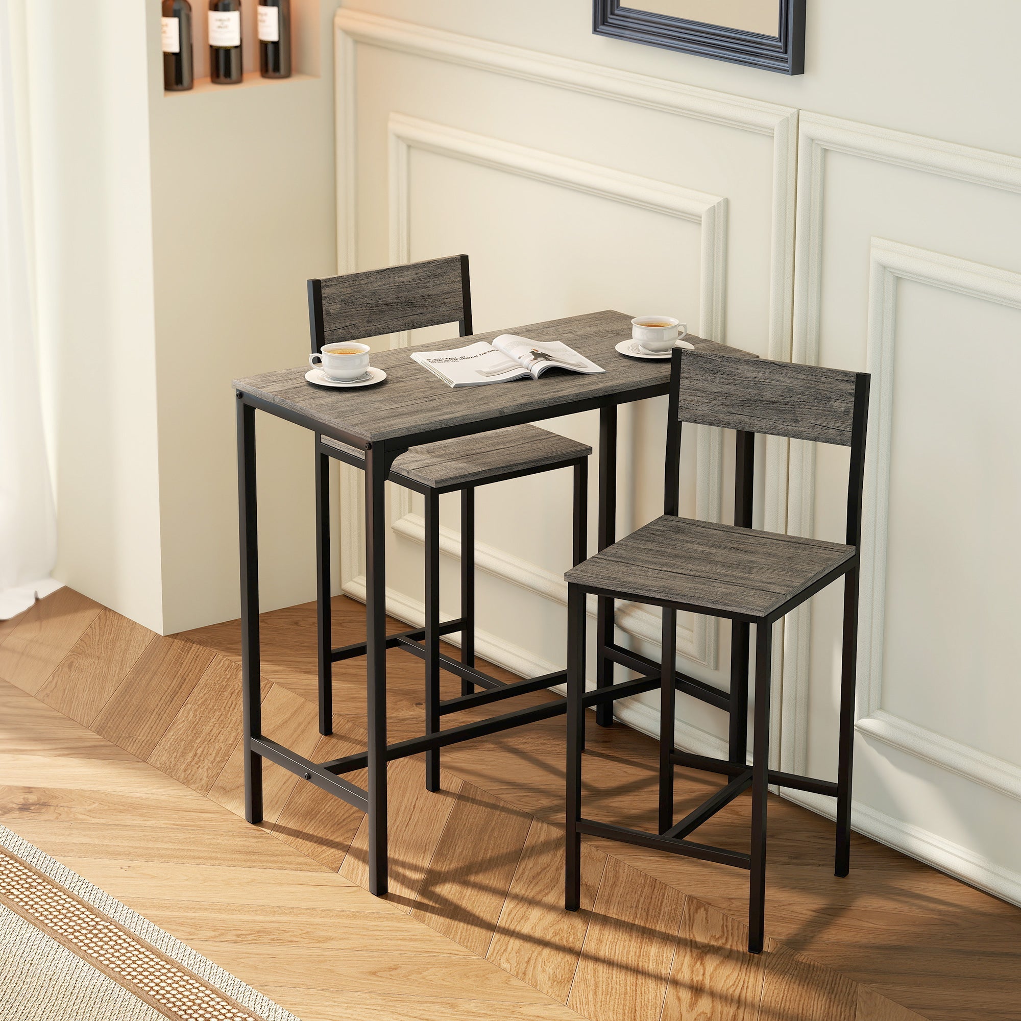 HOMCOM 3-Piece Bar Table Set with 2 Stools, Industrial Breakfast Bar Set with Footrest, Backrest for Dining Room, Small Space