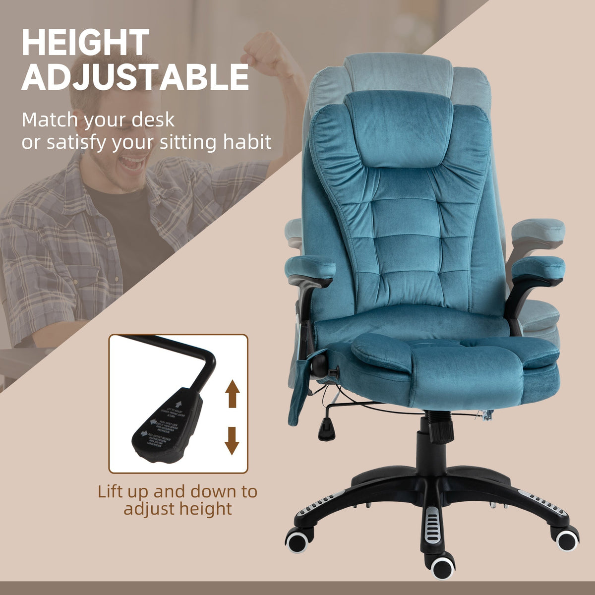 Vinsetto Massage Recliner Chair Heated Office Chair with Six Massage Points Velvet-Feel Fabric 360 Swivel Wheels Blue