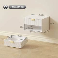 HOMCOM Set of 2 Wall Mounted Nightstands, Floating Bedside Tables with Fluted Drawer and Open Shelf for Small Bedroom, White