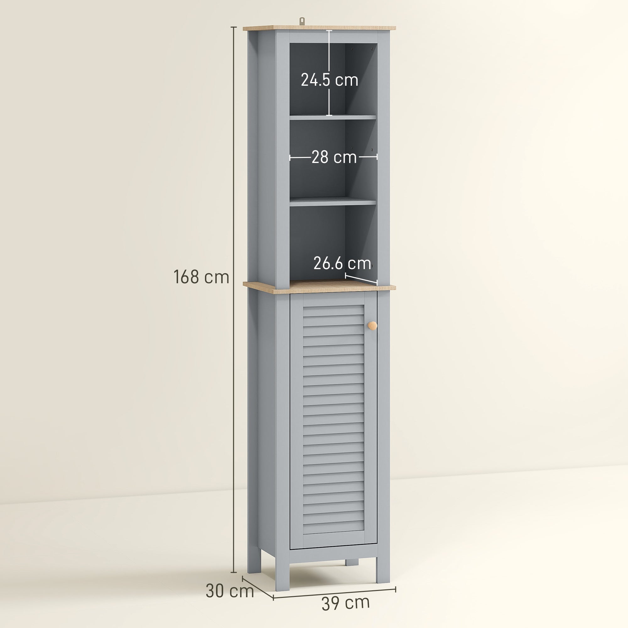 kleankin Bathroom Floor Storage Cabinet with 3 Tier Shelf and Cupboard with Door, Free Standing Linen Tower, Tall Slim Side Organizer Shelves, Grey