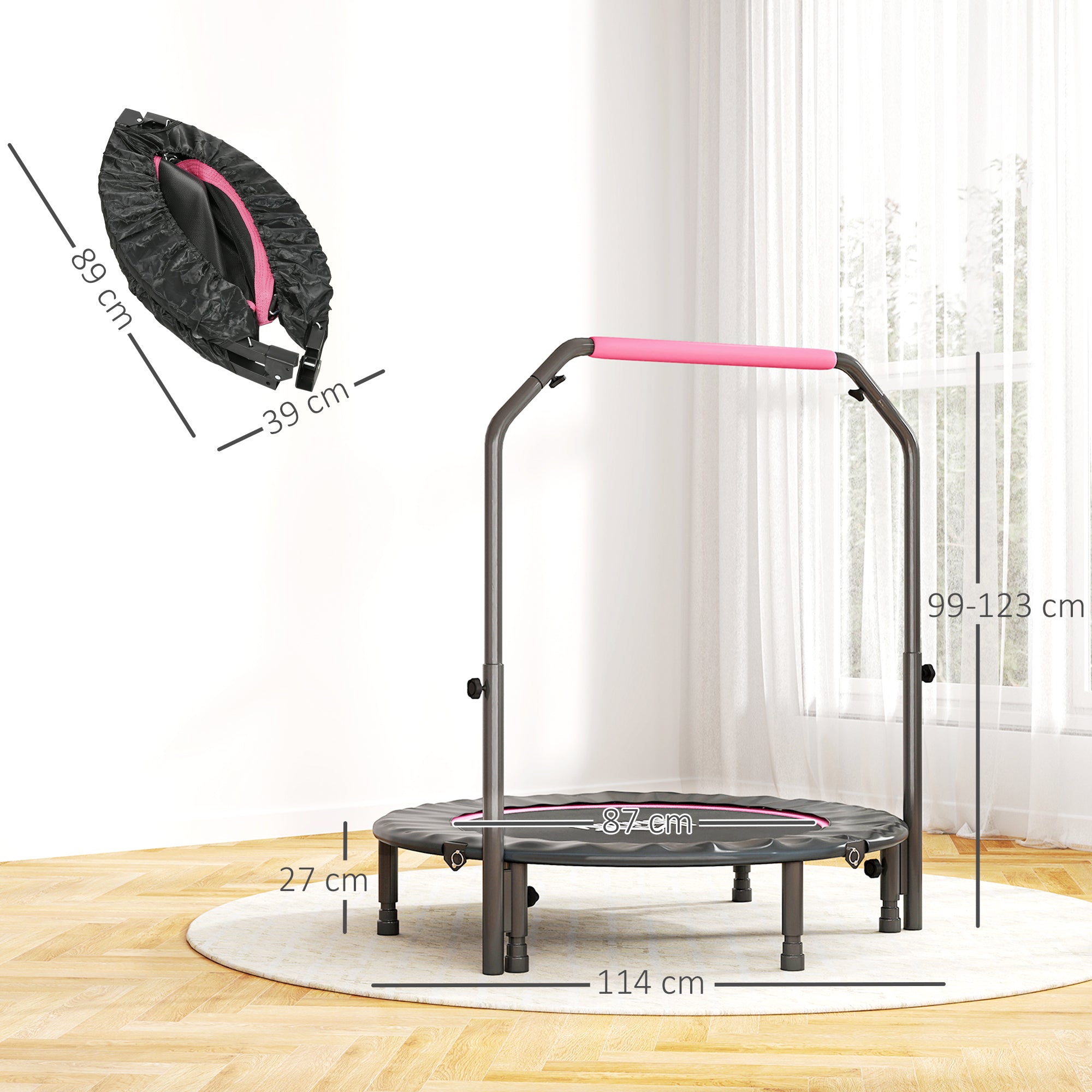 HOMCOM 45" Foldable Mini Fitness Trampoline, with Adjustable Foam Handle, Pink