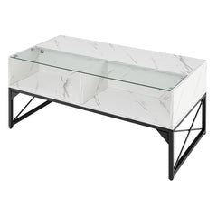 High-gloss LED Coffee Table with Faux Marble and Tempered Glass Top-White