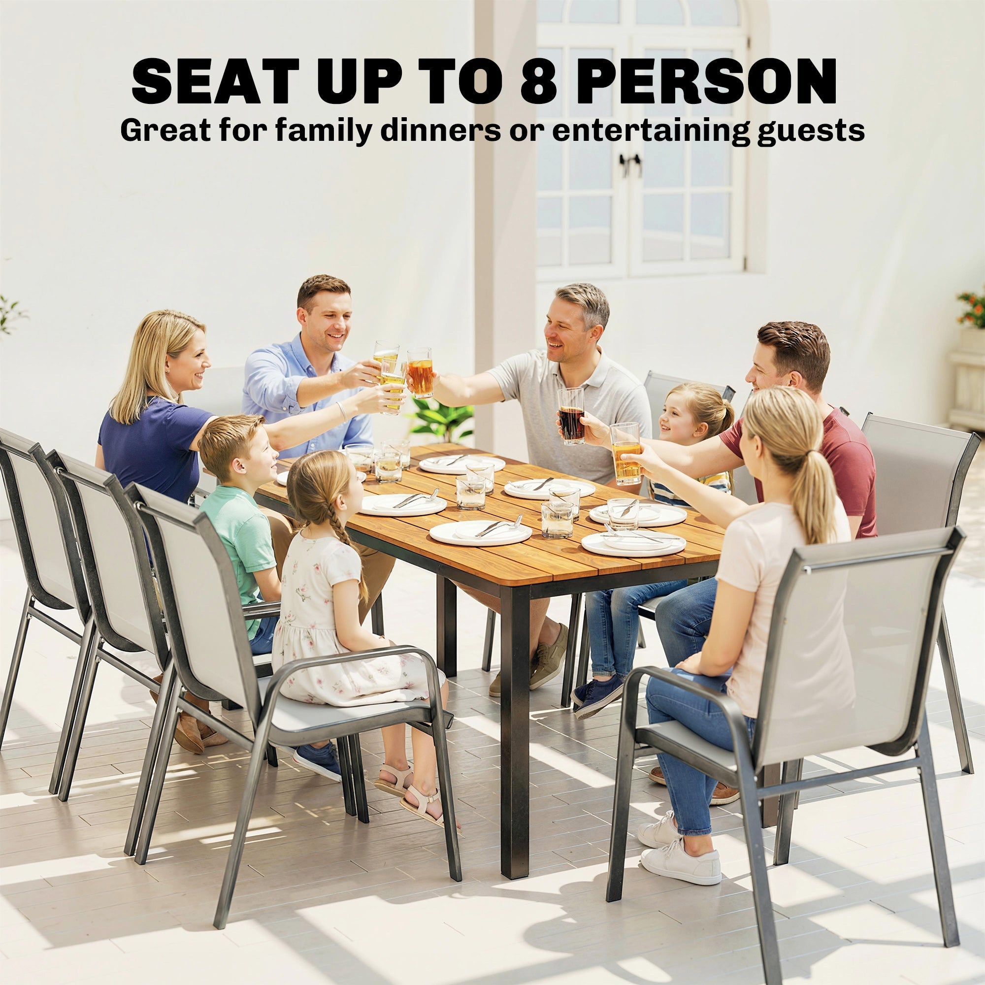 Outsunny Garden Dining Table for 6-8 Person, 180 x 86 cm Rectangular Outdoor Dining Table with Wood Slatted Top, Teak