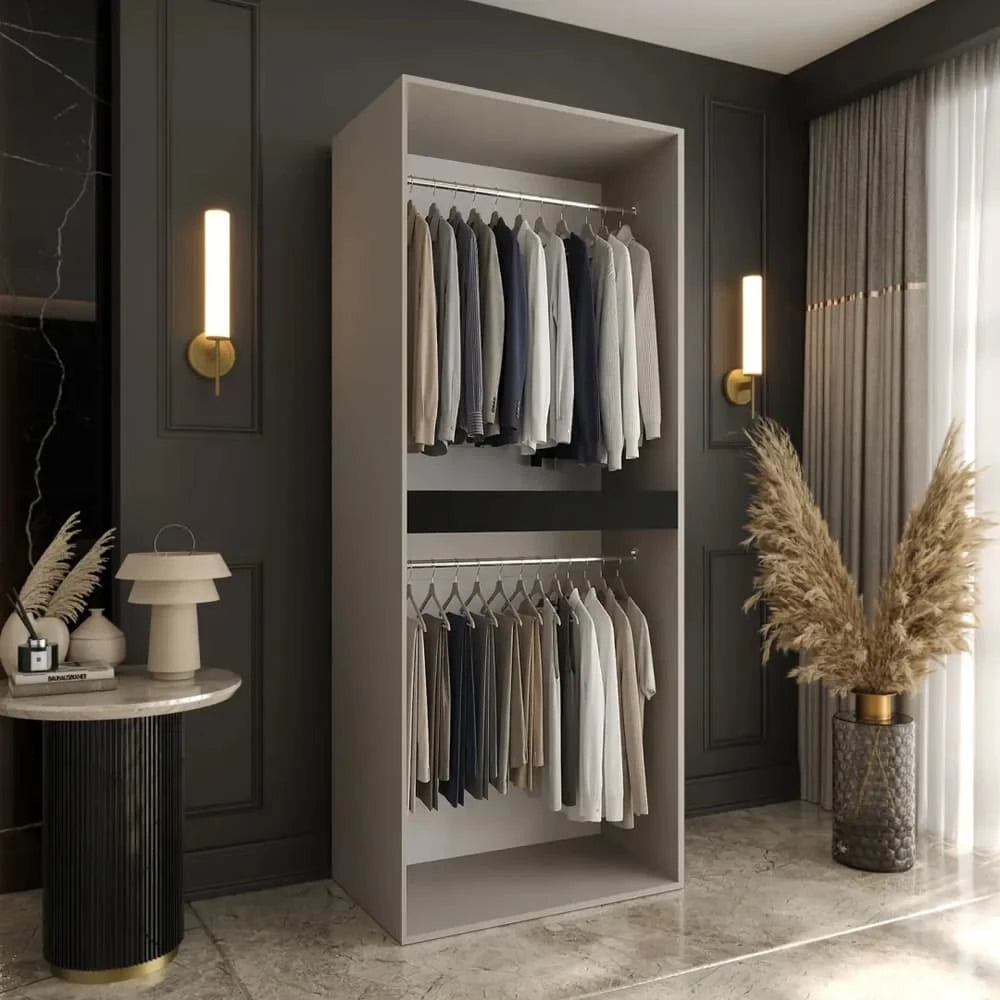 The hinged wardrobe with hanging rail and shelves, showing clothes storage