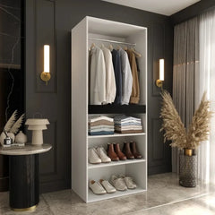 The hinged wardrobe with hanging rail, shelves, and shoe storage