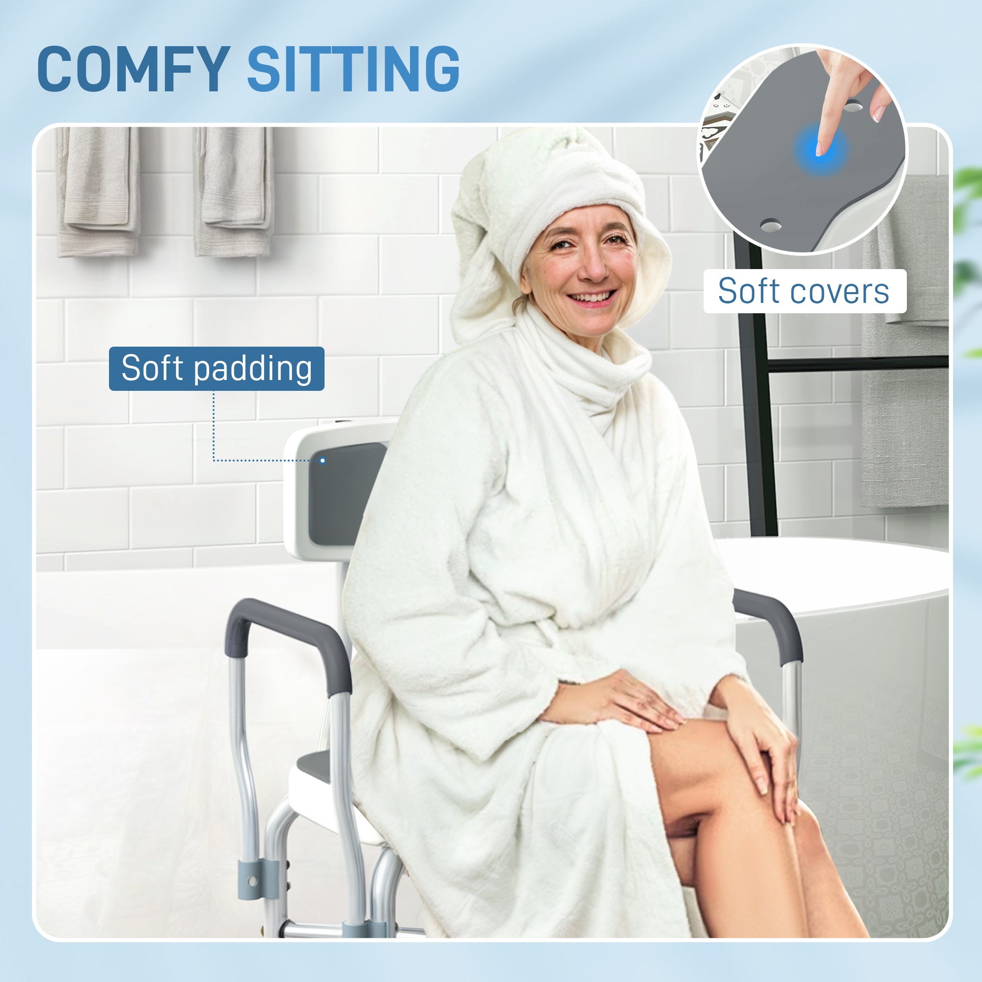 HOMCOM Shower Chair with Upgraded U-shaped Seat and Reinforced Crossbars, Height Adjustable Padded Bath Chair with Non-slip Feet for Elderly Seniors Disabled Handicap, Tool-Free Assembly, Grey