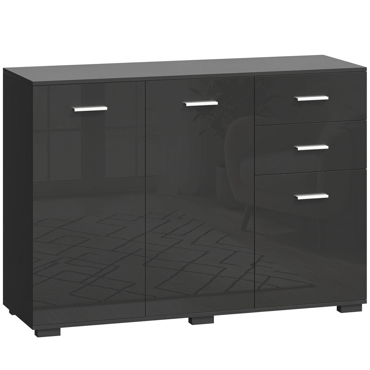 HOMCOM Sideboard, Modern Storage Cabinet with 2 Drawers, 3 Doors and Adjustable Shelves, High Gloss Black