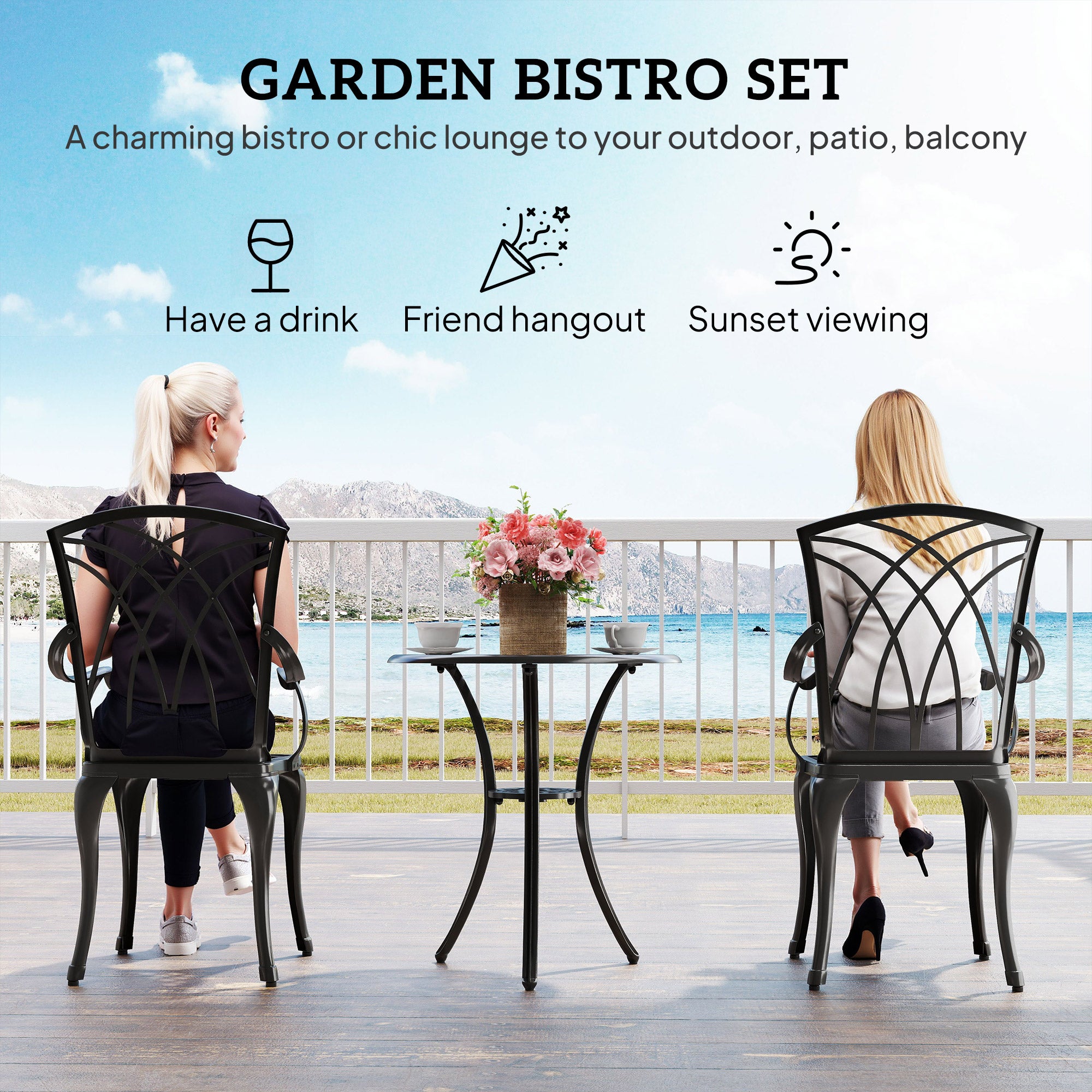 Outsunny 3 Pieces Garden Dining Set for 2, Cast Aluminium Outdoor Dining Set with 2 Armchairs and Round Dining Table with Parasol Hole, Garden Furniture Set, Brown