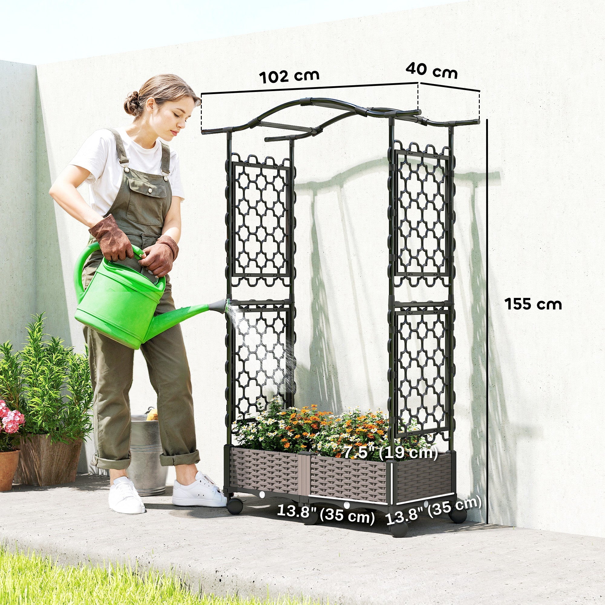 Outsunny Raised Garden Bed with Arch Trellis, Raised Bed for Garden on Wheels with Side Trellis, Self Watering Planter Box