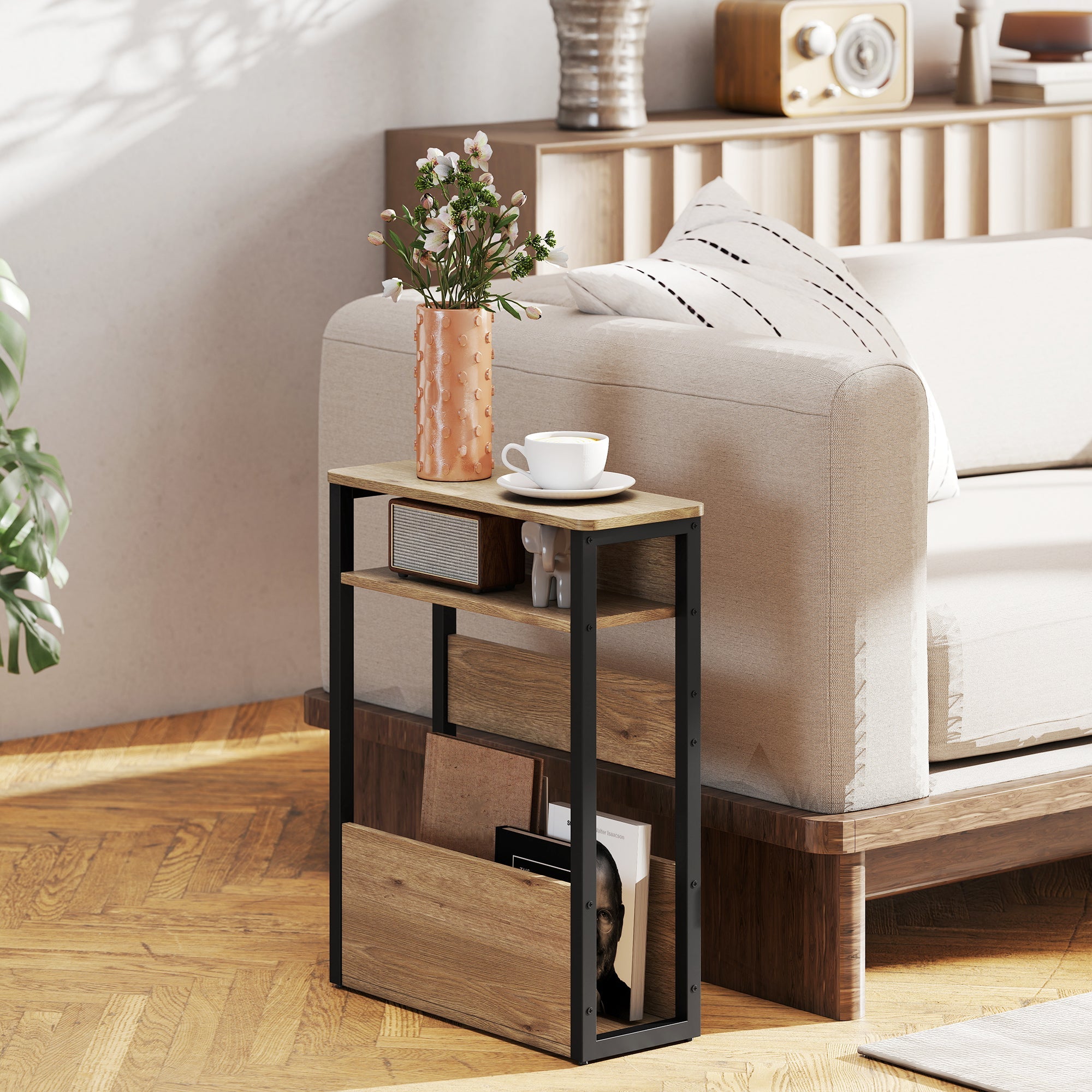 HOMCOM Industrial-Style Side Table - Black/Walnut Brown