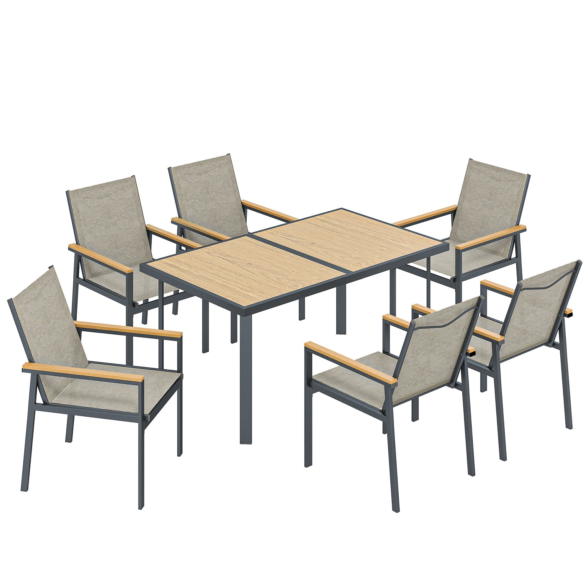 Outsunny Seven-Piece Metal Garden Dining Set, with Glass-Top Table - Khaki