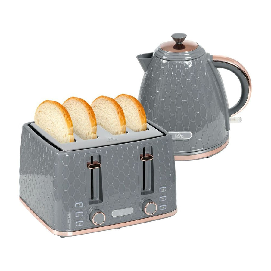HOMCOM 1.7L 3000W Fast Boil Kettle & 4 Slice Toaster Set in grey with a honeycomb pattern