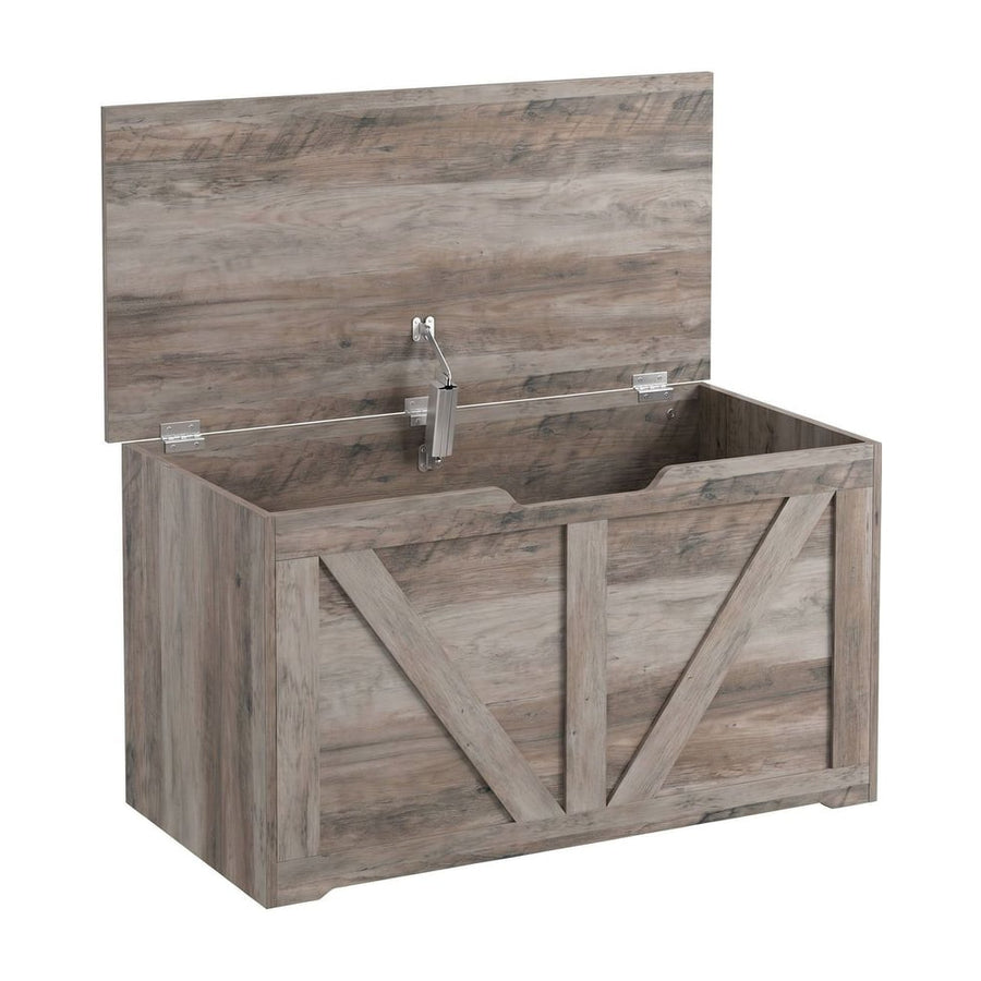 HOMCOM 100L Home Storage Box, with Safety Hinge - Grey Wood-Effect