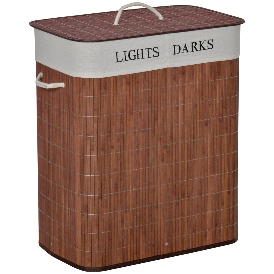 HOMCOM 100L Laundry Basket with Lid String Handles showing the two sections for lights and darks